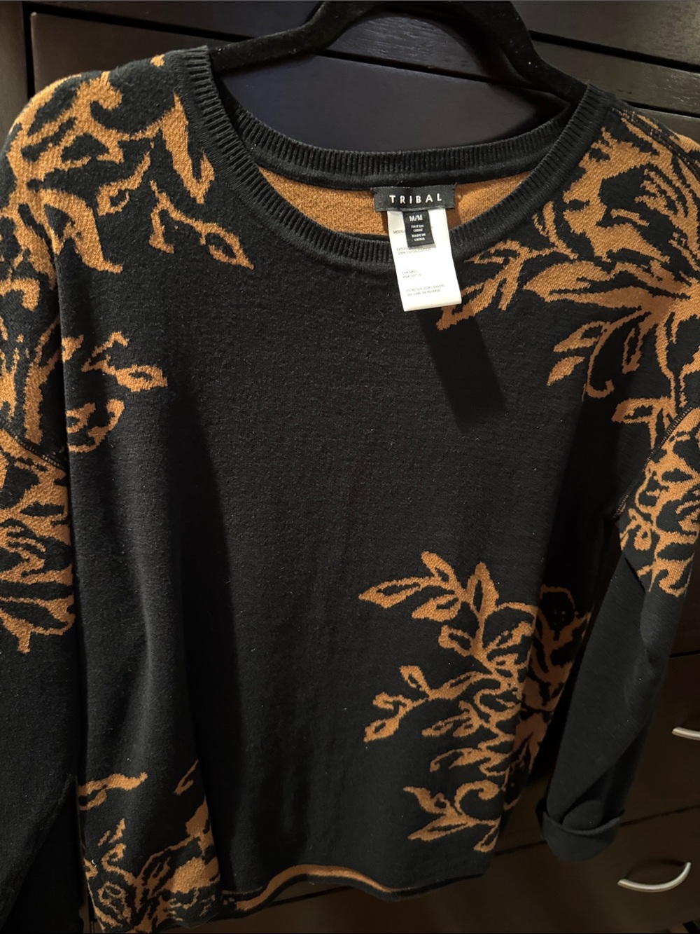 Tribal Black Crewneck Sweater with Brown Leaf Motif